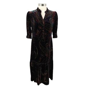 House Of Bruar Midi Victorian Dress Velvet Paisley 1/2 Sleeve Button V Neck 14